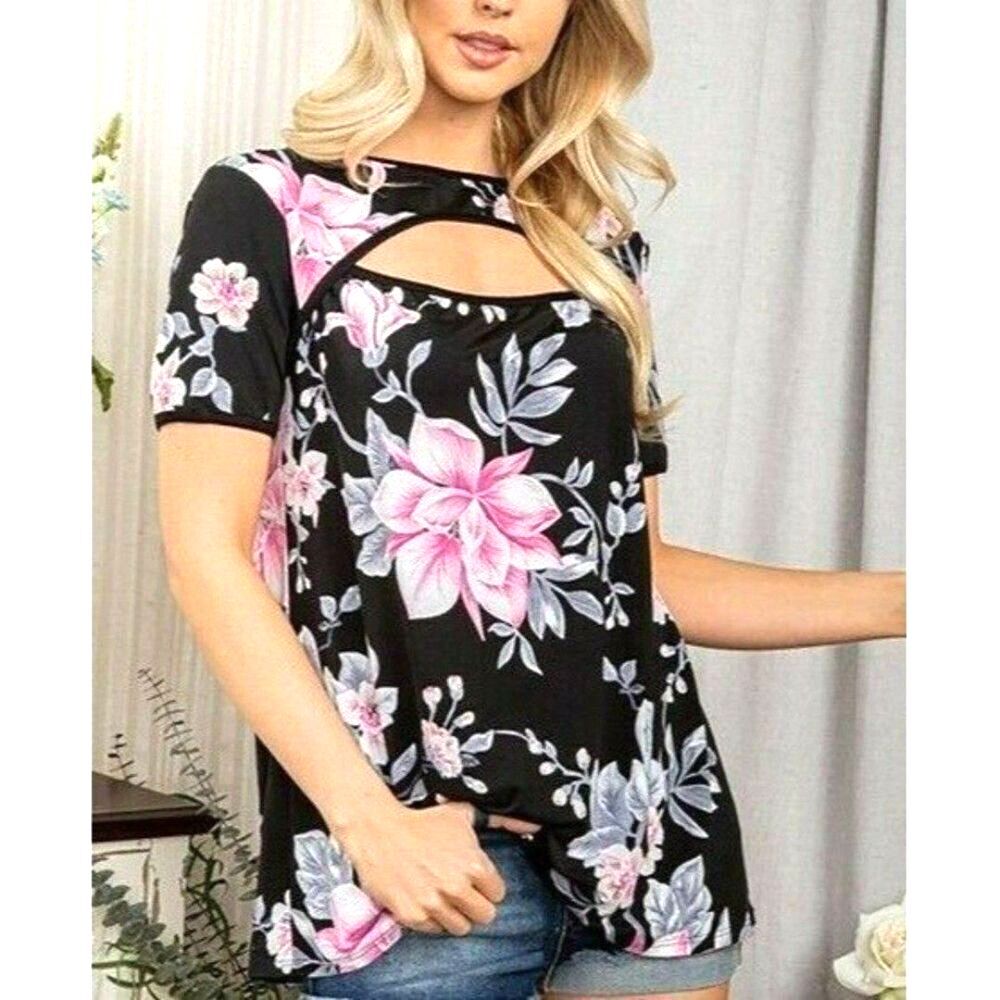 333 Women's Top Small by Perfect Peach Black Pink Magnolia Flowers Floral NWOT
